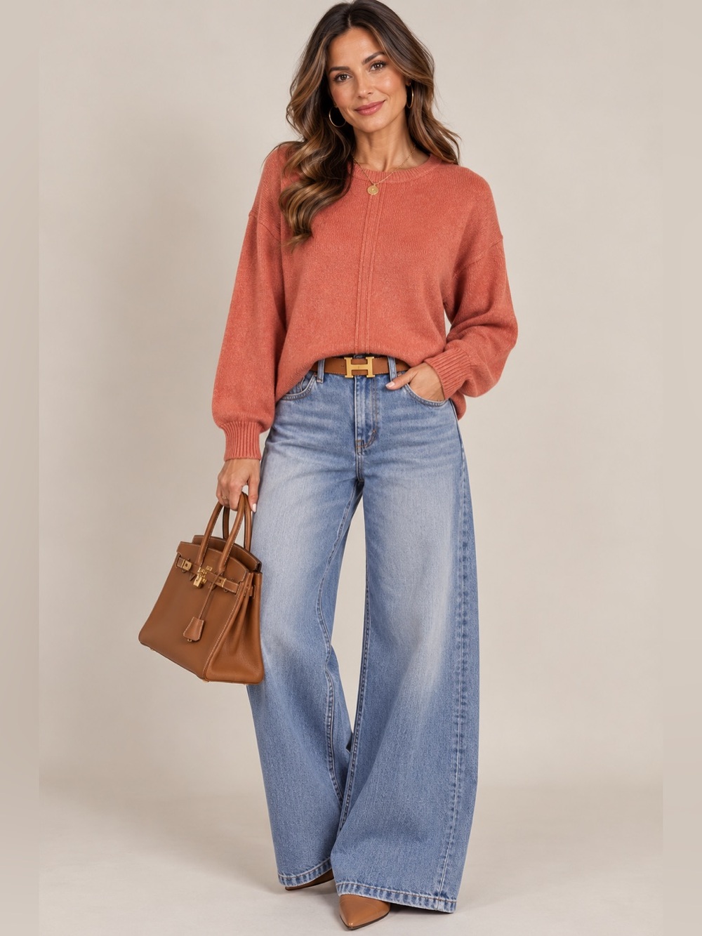 Rust Viscose Front Seam Round Neck Sweater | Soft Lightweight Knit - Picture 3 of 3